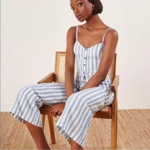 Reformation Torta Linen Blue Stripe Sleeveless Button Front Jumpsuit Size 10 - Picture 2 of 14